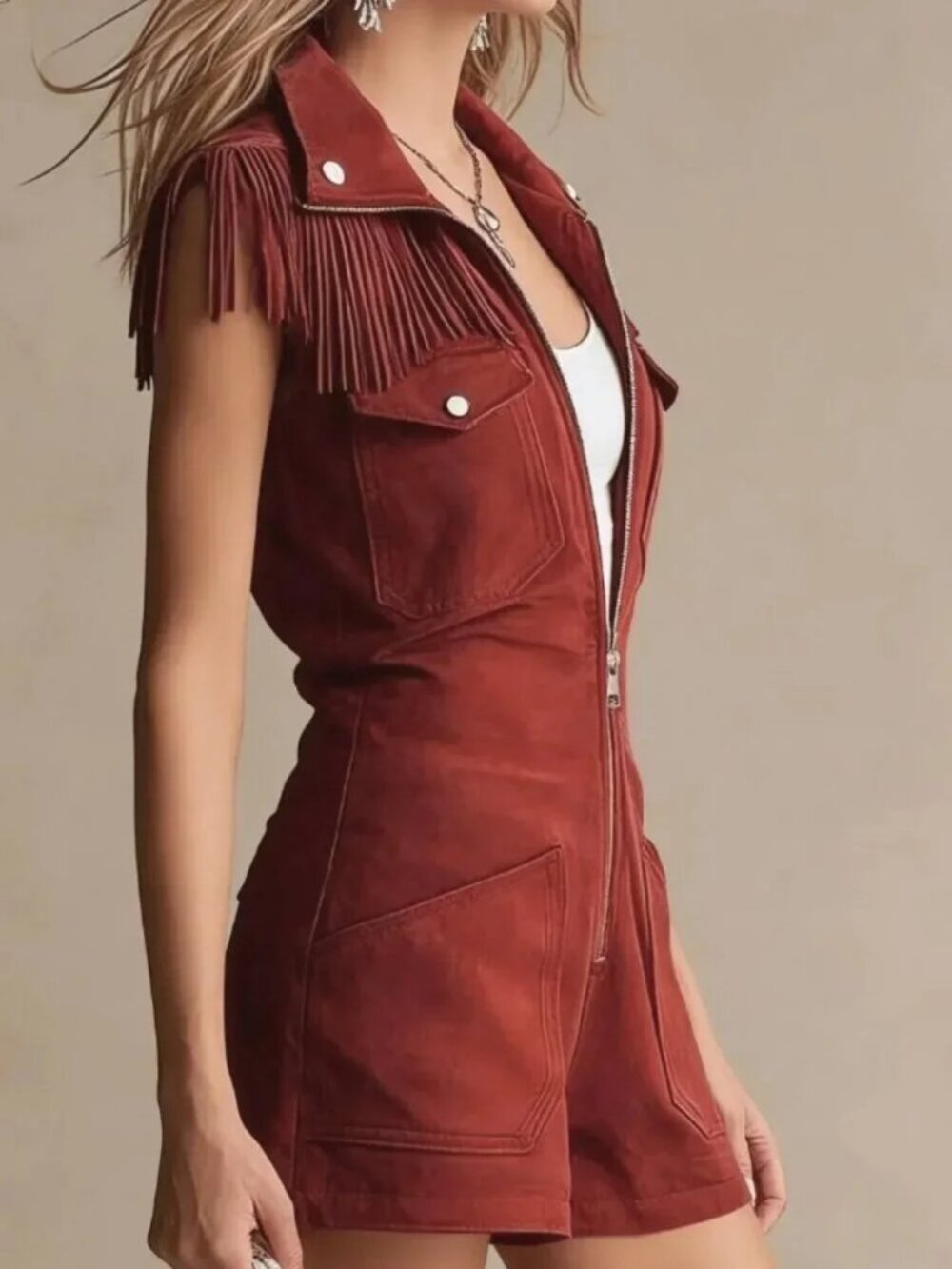 Western-Style Burgundy Fringe Zip Up Romper